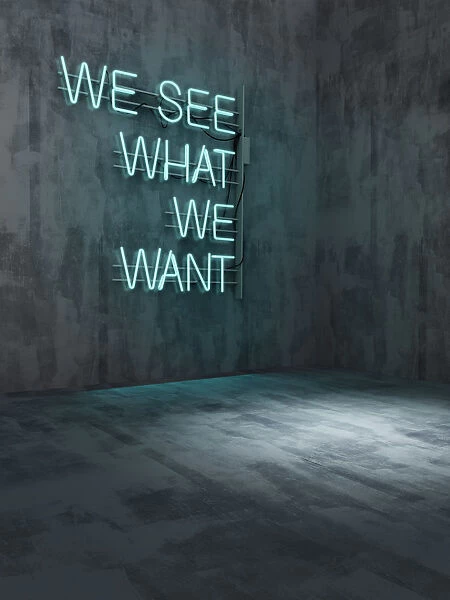 We see what we want neon in an empty room