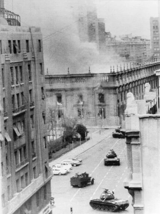 Framed Print : War Area with Burning Building in Chile