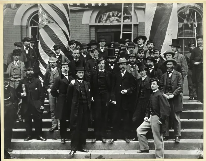 Framed Print : War Department Clerks On Steps; Flags Framed Print : War Department Clerks On Steps; Flags