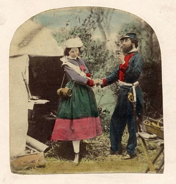 War Life. circa 1855: A French soldier drinking with a vivandier