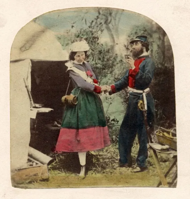 Framed Print : War Life. circa 1855: A French soldier drinking with a vivandier Framed Print : War Life. circa 1855: A French soldier drinking with a vivandier