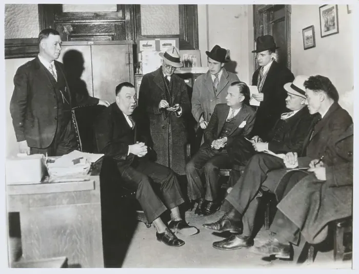 Framed Print : Warden Harold Hardy with Peers and Reporters Framed Print : Warden Harold Hardy with Peers and Reporters