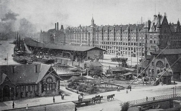 Framed Print : Warehouse in the new free port in the Speicherstadt, Hamburg, 1890, Germany, Historic, digitally restored reproduction of an original 19th-century original Framed Print : Warehouse in the new free port in the Speicherstadt, Hamburg, 1890, Germany, Historic, digitally restored reproduction of an original 19th-century original