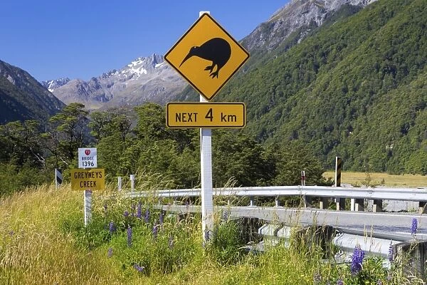 Warning sign, Kiwis next 4km at Greyneys Creek, looking towards Mt. Oates, 2041m, Canterbury Region, New Zealand