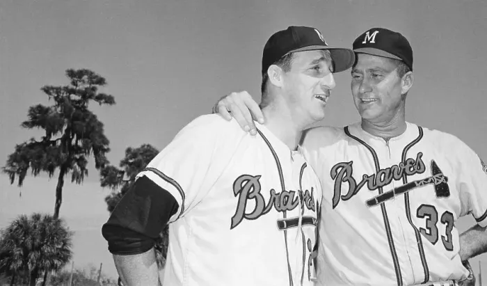 Framed Print : Warren Spahn with Arm Around Lew Burdette Framed Print : Warren Spahn with Arm Around Lew Burdette