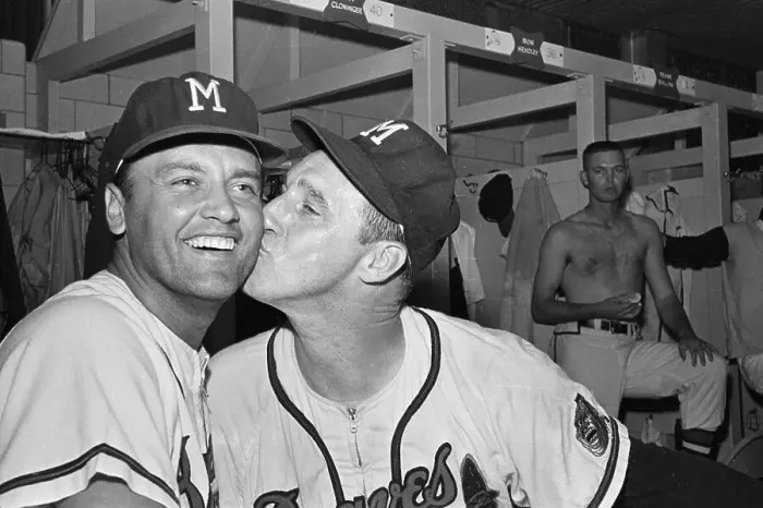 Framed Print : Warren Spahn Kissing Teammate Framed Print : Warren Spahn Kissing Teammate