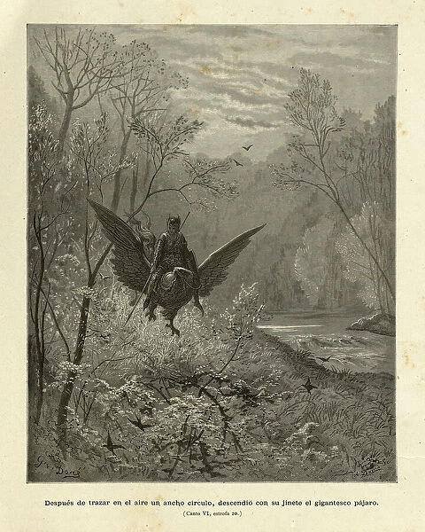 Warrior flying on a giant eagle. Orlando Furioso. Fantasy Art