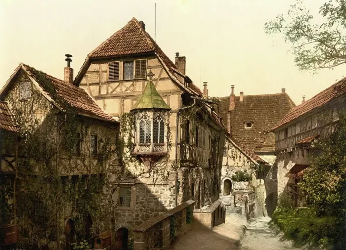 Framed Print : Wartburg Castle courtyard, Eisenach in Thuringia, Germany, Historic, digitally restored reproduction of a photochromic print from the 1890s Framed Print : Wartburg Castle courtyard, Eisenach in Thuringia, Germany, Historic, digitally restored reproduction of a photochromic print from the 1890s