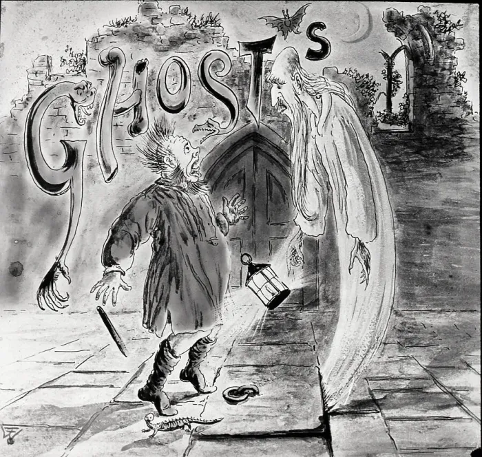 Framed Print : Wash Drawing of Ghost Scaring Watchman Framed Print : Wash Drawing of Ghost Scaring Watchman
