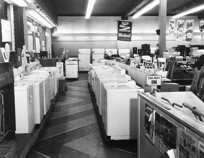 Framed Print : Washing Machines In Department Store Framed Print : Washing Machines In Department Store
