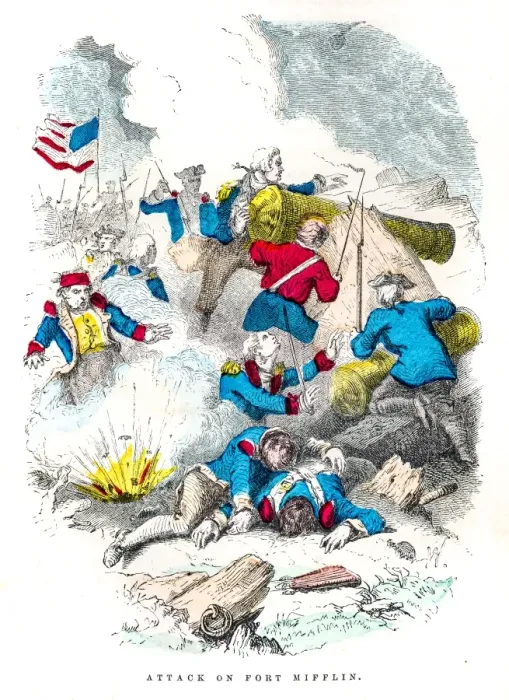 Framed Print : Washington attack on Ft Mifflin engraving 1859 Framed Print : Washington attack on Ft Mifflin engraving 1859