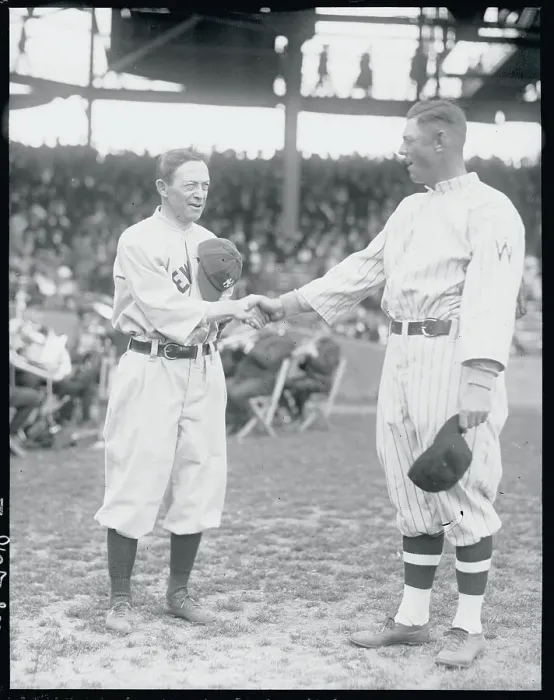 Framed Print : Washington Senators Manager Milan Shaking Hands with Manager Huggins