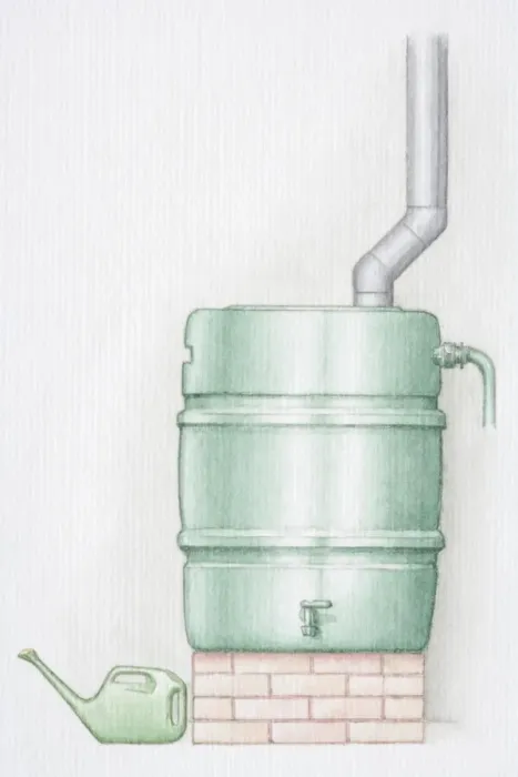 Framed Print : Water butt, pipe running into container on brick socket, watering can standing to left Framed Print : Water butt, pipe running into container on brick socket, watering can standing to left