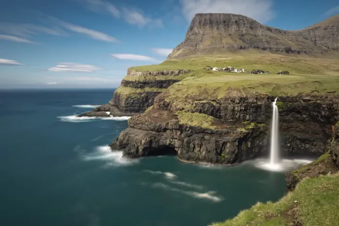 Framed Print : Waterfall on the cliffs near a village, Gasadalur, Vagar, Faroe Islands, Denmark Framed Print : Waterfall on the cliffs near a village, Gasadalur, Vagar, Faroe Islands, Denmark