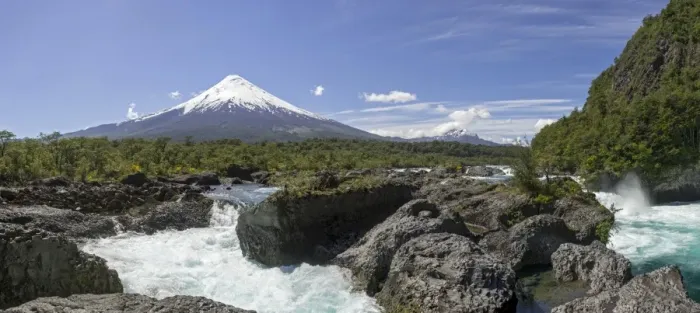 Framed Print : Waterfall of the Rio Petrohue and the Osorno volcano, Parc Nacional Vicente Perez Ros, Puerto Varas, Los Lagos Region, Chile
