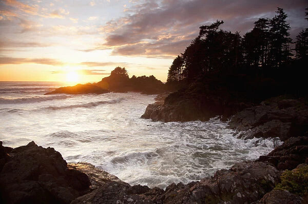 Waves At Cox Bay And Sunset Point At Sunset Near Tofino