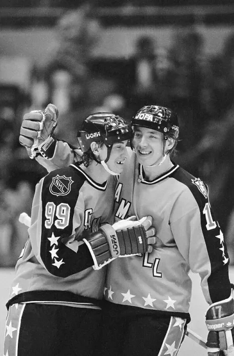 Framed Print : Wayne Gretzky Hugged by Jari Kurri in All Star Game Framed Print : Wayne Gretzky Hugged by Jari Kurri in All Star Game