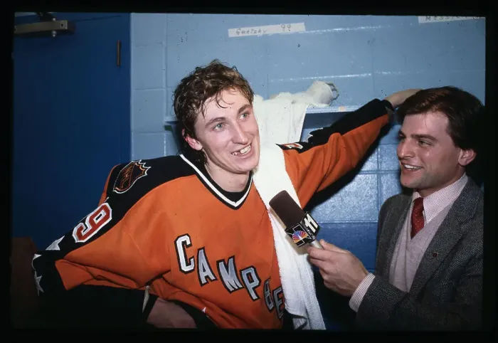 Framed Print : Wayne Gretzky in Locker Room Talking to Reporter Framed Print : Wayne Gretzky in Locker Room Talking to Reporter