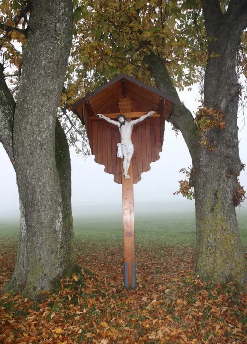 Framed Print : Wayside cross with a figure of Jesus Christ, in the autumn mist between Horse-Chestnut Trees -Aesculus hippocastanum-, Allgau, Bavaria, Germany, Europe