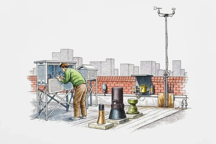 Framed Print : Weather station on rooftop, man checking equipment Framed Print : Weather station on rooftop, man checking equipment