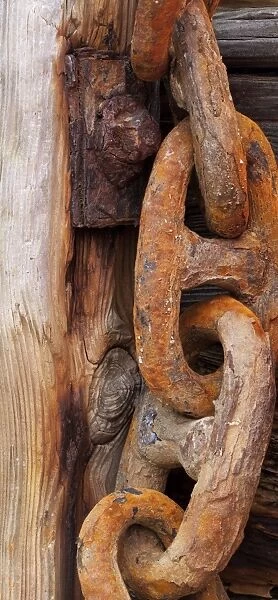 Weatherd. Rusty chain hanging on weathered wood in Cornish boat yard