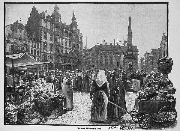 Weekly market in Bonn, Germany, c. 1898, Historic, digital reproduction of an original 19th-century image, original date unknown