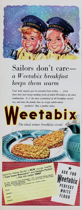 Framed Print : Weetabix. 1954: Advertisement for Weetabix breakfast cereal showing a young boy Framed Print : Weetabix. 1954: Advertisement for Weetabix breakfast cereal showing a young boy