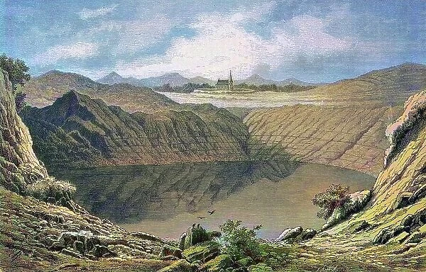 The Weinfelder Maar in the Eifel, Rhineland-Palatinate, Germany, historical wood engraving, c. 1880, digitally restored reproduction of a 19th century original, exact original date unknown, coloured
