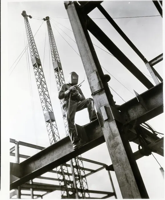 Framed Print : Welder on Building at Work Framed Print : Welder on Building at Work