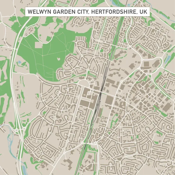Framed Print : Welwyn Garden City Hertfordshire UK City Street Map Framed Print : Welwyn Garden City Hertfordshire UK City Street Map