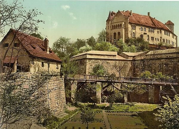 West side of the castle in Nuremberg, Bavaria, Germany, Historic, digitally restored reproduction of a photochrome print from the 1890s