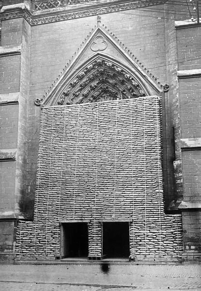 West Door. December 1915: Sandbags at the west door of Amiens Cathedral, France