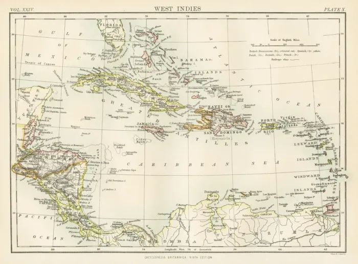 Framed Print : West Indies map 1885 Framed Print : West Indies map 1885