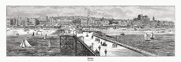 West Pier and Kings Road, Brighton, England, woodcut, published 1897