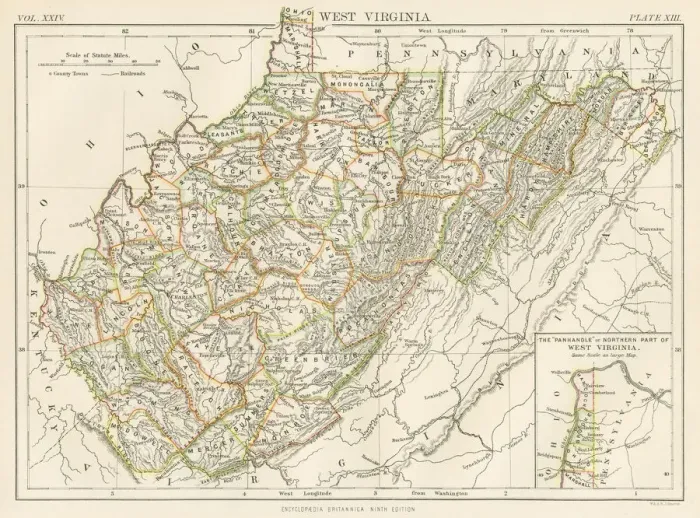Framed Print : West Virginia map 1885 Framed Print : West Virginia map 1885