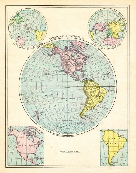 Framed Print : Western Hemisphere map 1895