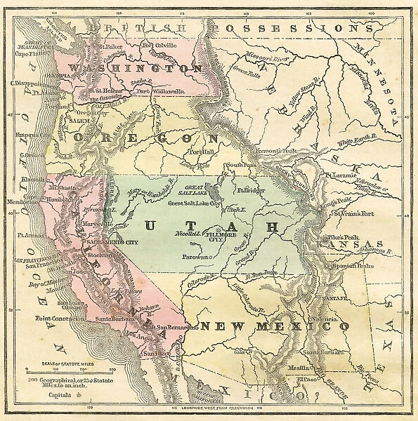 Western Pacific USA states map 1856