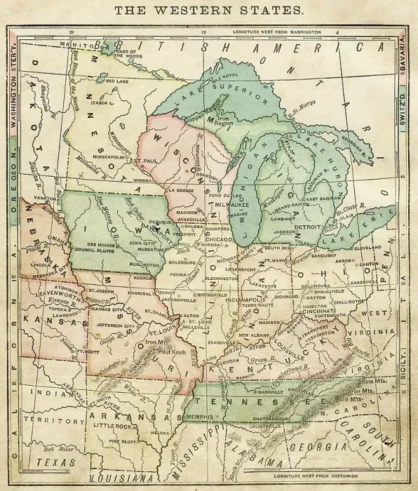 Framed Print : The western states - USA map 1876 Framed Print : The western states - USA map 1876