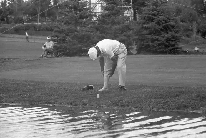 Framed Print : Wet Feet. Ben Hogan met his waterloo one next to last hole here 6 / 18 during Framed Print : Wet Feet. Ben Hogan met his waterloo one next to last hole here 6 / 18 during