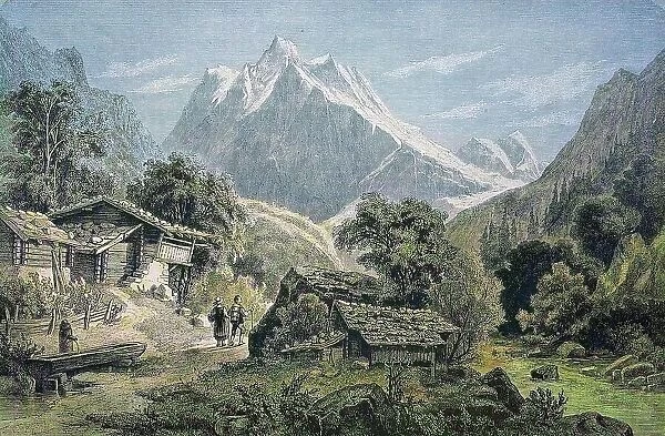 The Wetterhorn on the way from Interlaken to Grindelwald, Switzerland, historical wood engraving, c. 1880, digitally restored reproduction of a 19th century original, exact original date unknown, coloured