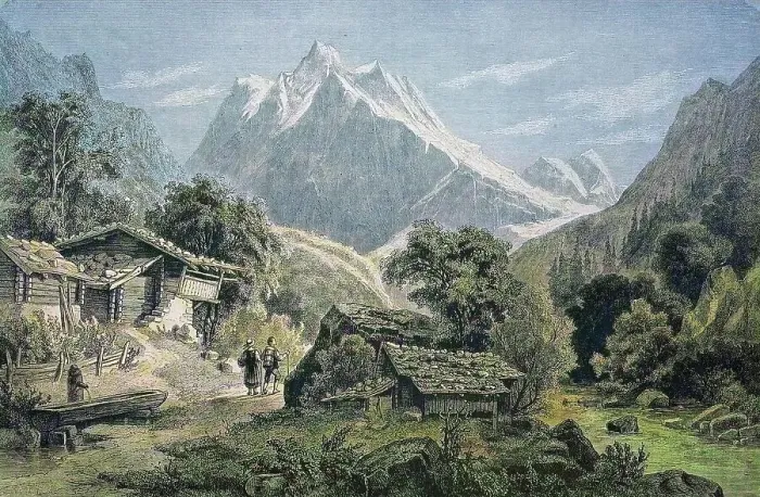 Framed Print : The Wetterhorn on the way from Interlaken to Grindelwald, Switzerland, historical wood engraving, c. 1880, digitally restored reproduction of a 19th century original, exact original date unknown, coloured Framed Print : The Wetterhorn on the way from Interlaken to Grindelwald, Switzerland, historical wood engraving, c. 1880, digitally restored reproduction of a 19th century original, exact original date unknown, coloured