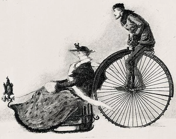 Wheel sled, Husband drives his wife in winter, with spikes on wheel
