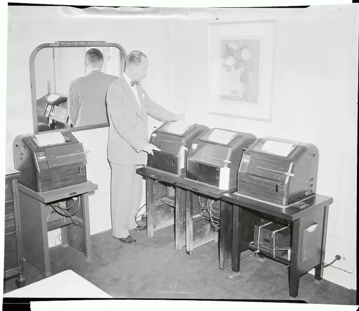 Framed Print : White House Official Checking Teletype Machines Framed Print : White House Official Checking Teletype Machines
