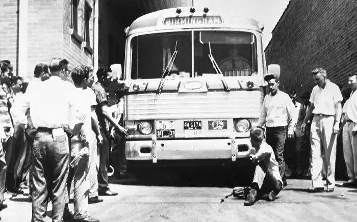 Framed Print : White Protestor Blocking Freedom Rider Bus Framed Print : White Protestor Blocking Freedom Rider Bus