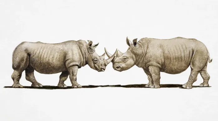 Framed Print : Two White Rhinos (Ceratotherium simum) clashing horns, side view Framed Print : Two White Rhinos (Ceratotherium simum) clashing horns, side view