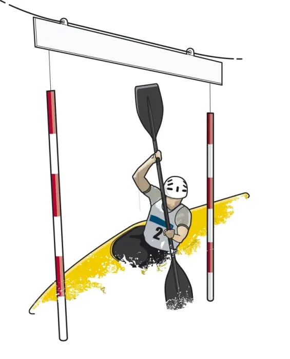 Framed Print : White-water slalom racer holding paddle in vertical position while passing through gate Framed Print : White-water slalom racer holding paddle in vertical position while passing through gate