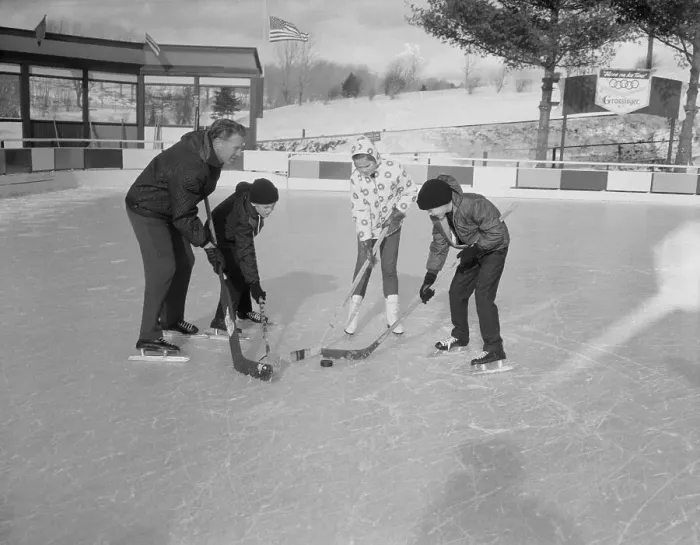 Framed Print : Whitey Ford Playing Hockey with Children Framed Print : Whitey Ford Playing Hockey with Children