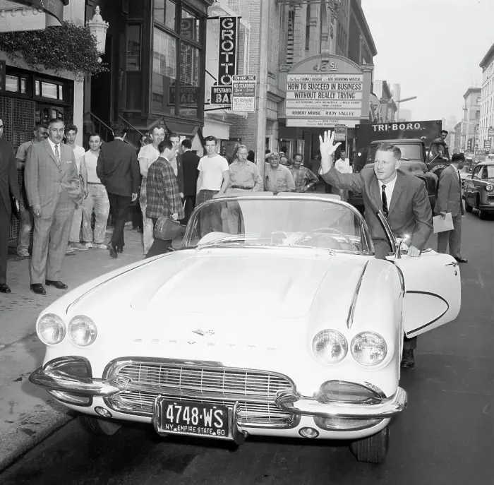 Framed Print : Whitey Ford Waving and Getting into Corvette Framed Print : Whitey Ford Waving and Getting into Corvette