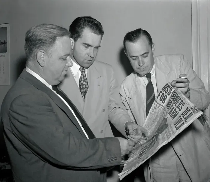 Framed Print : Whittaker Chambers with Investigators Checking News Framed Print : Whittaker Chambers with Investigators Checking News