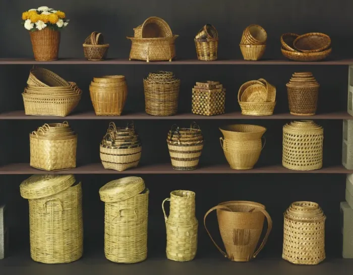 Framed Print : Wicker baskets and bowls on shelf Framed Print : Wicker baskets and bowls on shelf